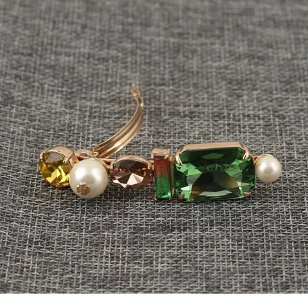 Tory Burch Crystal Hair Clip Barrette Green Gem Gold Tone Logo Hair Accessory